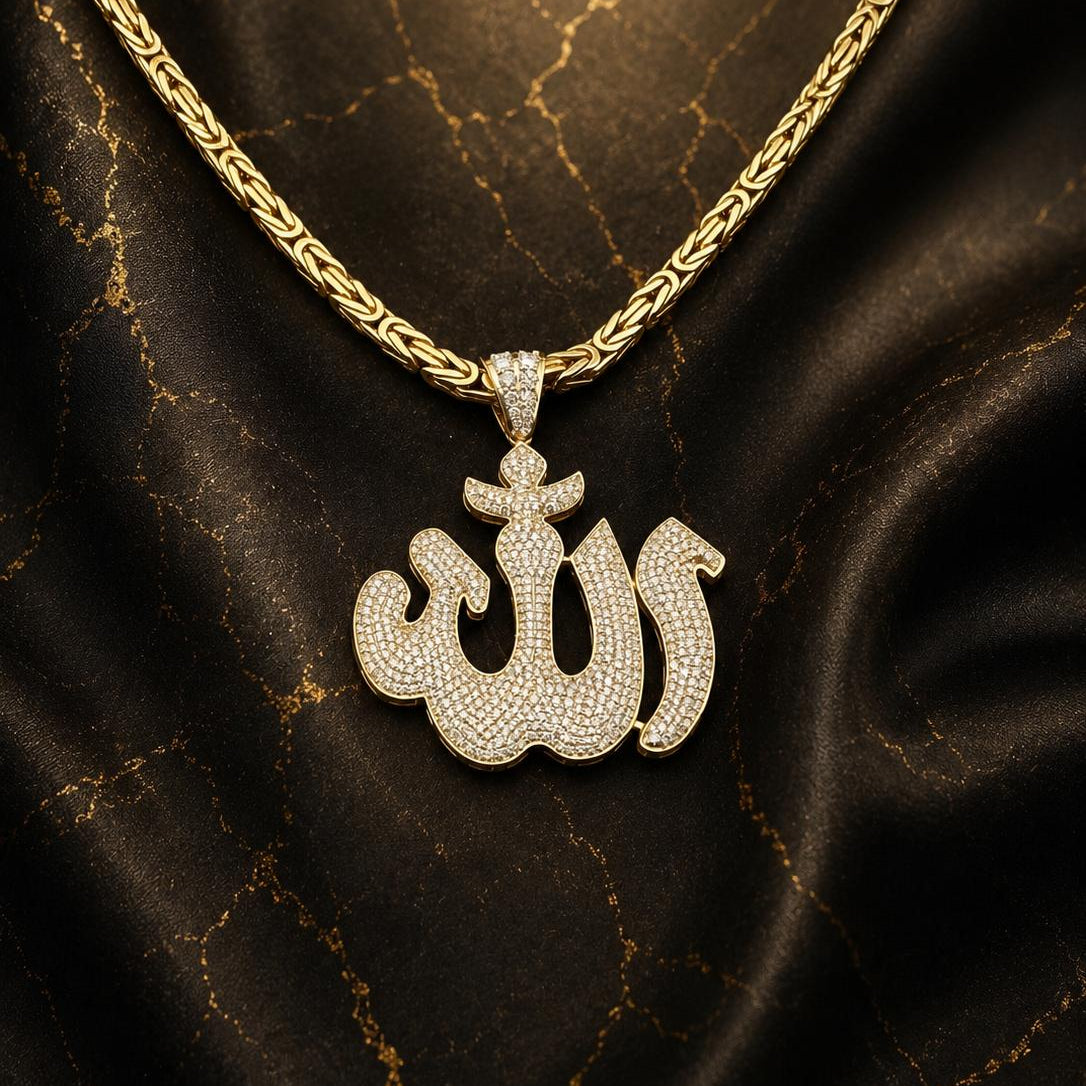 Sertifikalı Taşlı Gümüş Allah Yazılı Kolye Ucu - 50x42mm