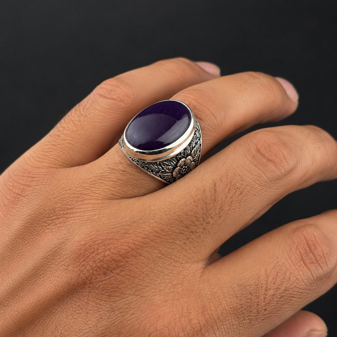 Mor Amethyst Taşlı Gümüş Erkek Yüzük | 925 Ayar El Yapımı Gül Çiçek Motifli Yüzük