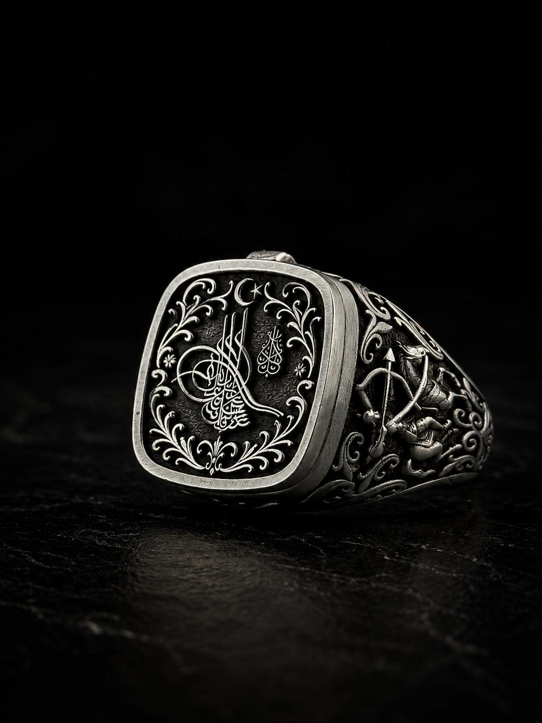 Osmanlı Tuğralı 925 Ayar Gümüş Erkek Yüzük | Kapaklı Hatıra Bölmeli | Çift Başlı Kartal