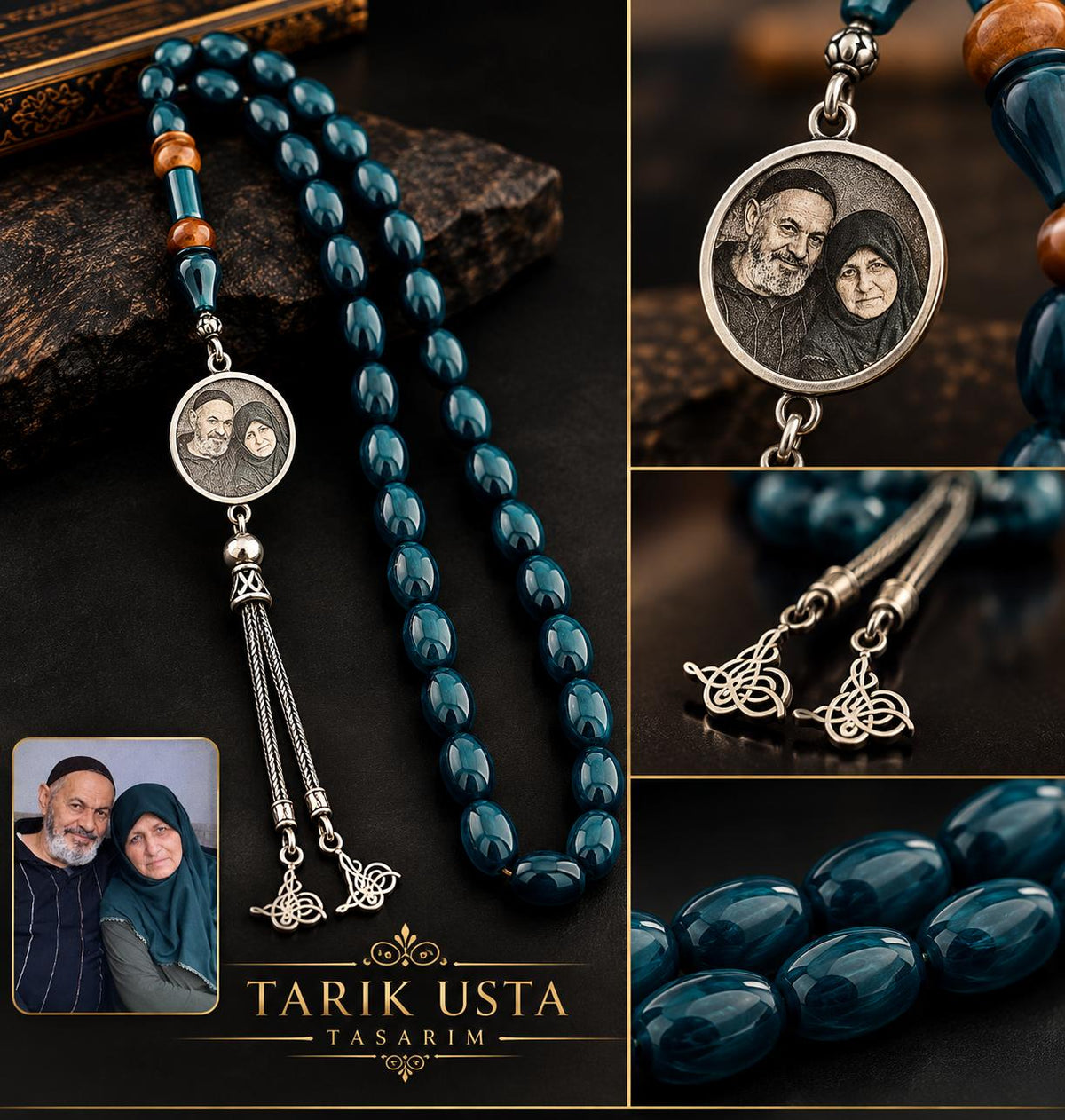 Kişiye Özel Fotoğraflı Sıkma Kehribar Tesbih – Gümüş Diskli