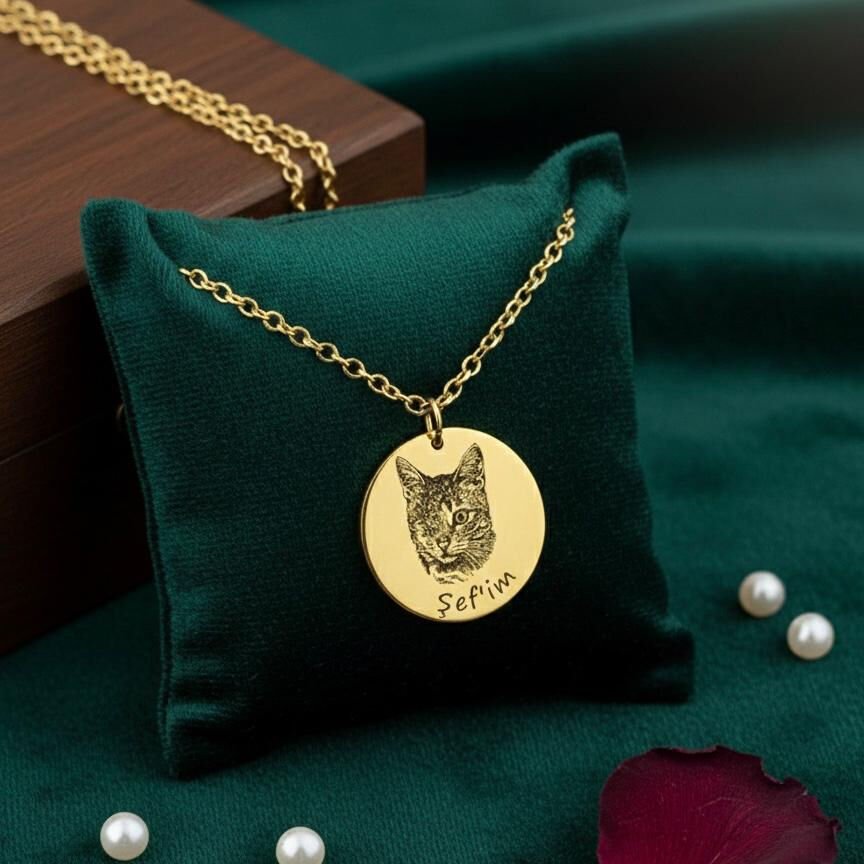 Kişiye Özel Fotoğraf İşlemeli Kedi Kolye | Gümüş Pet Takı